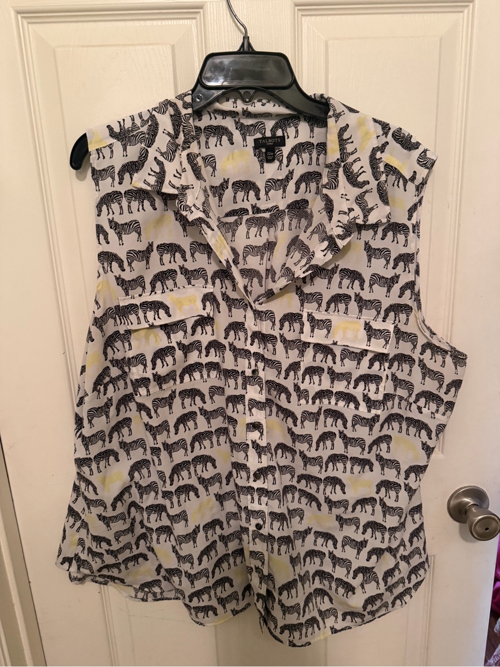 Talbots Zebra Print Sleeveless Button-Up Top in Black, White & Yellow